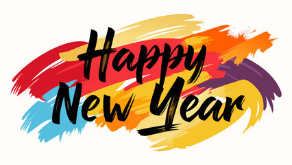 Fototapeta premium Happy new year handwritten text with colorful abstract brush strokes background