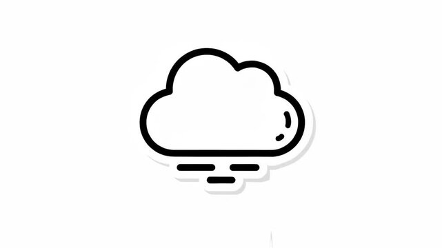 Simple black and white line art sticker icon representing cloud computing data download or streaming with a shadow effect isolated on white background