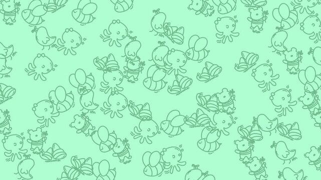 Repeating pattern of simple animal cartoon drawings. Perfect for childrens products, stationery, textiles, and digital backgrounds. Whimsical and playful design.