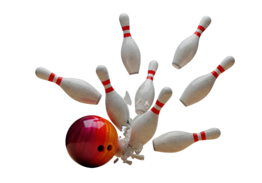 red and orange gradient bowling ball at maximum kinetic impact, shattering classic red-striped white pins, frozen in flight against a transparent cyclorama. concept of explosive kinetic success