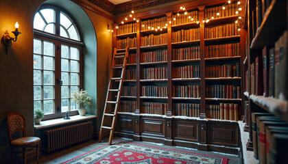 Cozy library with wooden bookshelves and warm lighting decor  