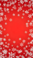 A festive winter background with a red and pink gradient, framed by white snowflakes and sparkling bokeh lights.