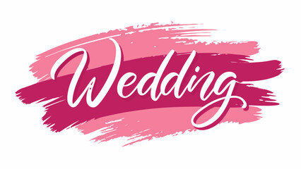 Elegant white script lettering spelling the word wedding on a vibrant pink brush stroke background