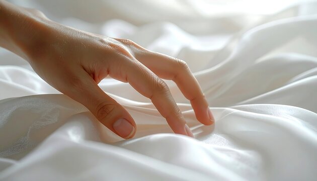 A hand gently caresses flowing, silky white fabric