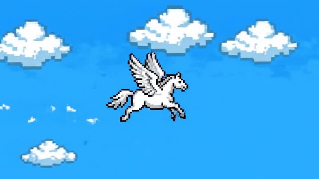 Pixelated white Pegasus with wings flying through a blue sky with white, puffy clouds