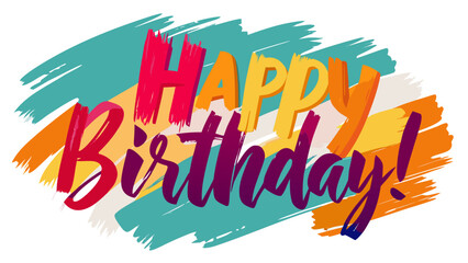 Vibrant happy birthday greeting with colorful brush strokes and bold typography