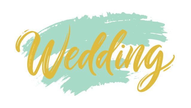 Elegant hand lettered wedding text overlay on a soft teal brush stroke background