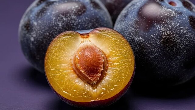 Juicy plum transformation: fresh fruit halved to showcase vibrant flesh and seed