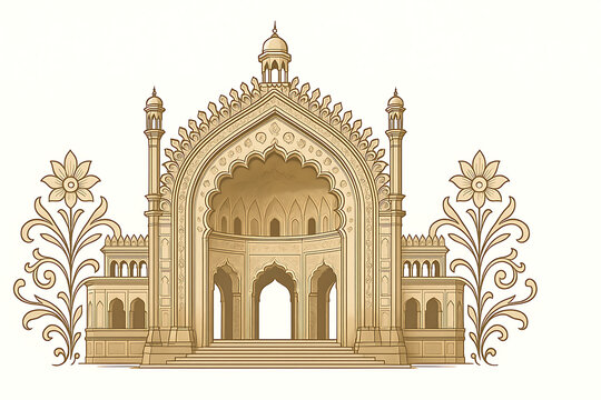 Vector poster illustration of Lucknow&rsquo;s Rumi Darwaza, grand arched gateway with delicate carvings