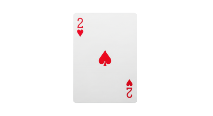 A pristine two of hearts playing card displaying subtle linen texture, isolated on a seamless transparent background under soft high-key studio lighting. Concept for gambling and chance