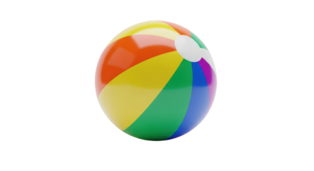 spherical, glossy vinyl beach ball with classic rainbow stripes, isolated on a transparent studio background with soft light and copy space, concept of summer recreation and fun