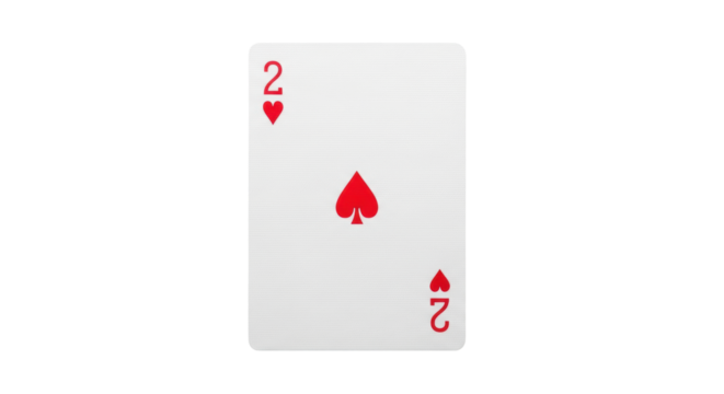 A pristine two of hearts playing card displaying subtle linen texture, isolated on a seamless transparent background under soft high-key studio lighting. Concept for gambling and chance