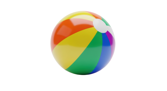 spherical, glossy vinyl beach ball with classic rainbow stripes, isolated on a transparent studio background with soft light and copy space, concept of summer recreation and fun