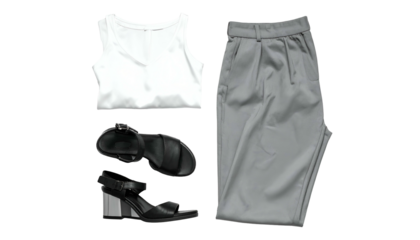 White top, grey pants, and black block heel sandals on black background