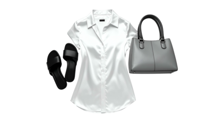 Laid out white dress, black sandals, gray purse