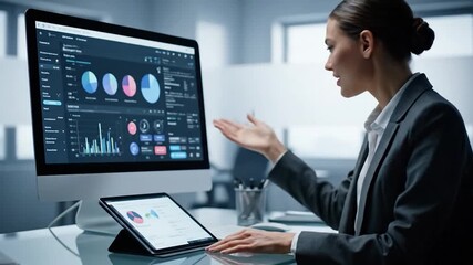 A businesswoman analyzes charts on a computer and tablet, working in a modern office - Powered by Adobe