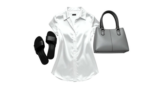 Laid out white dress, black sandals, gray purse