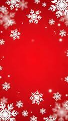 A festive red Christmas background with a border of white falling snowflakes creating a vertical frame.