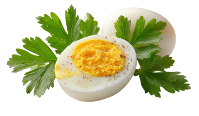 Hard boiled egg cut in half with visible yolk detail on transparent background