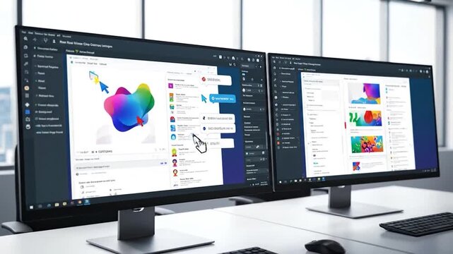 Modern office setup with two computer monitors on a white desk, keyboard, mouse, software interface