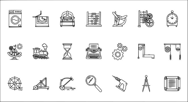 Vintage Tech Icons: A Collection of Mechanical  Scientific Instruments in Outline Style