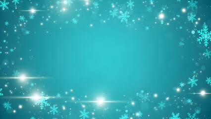 A festive winter background with a frame of sparkling snowflakes and glowing lights on a teal backdrop.