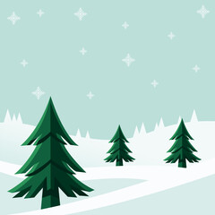 Winter scene with stylized evergreen trees in a snowy landscape under a sky with falling snowflakes.