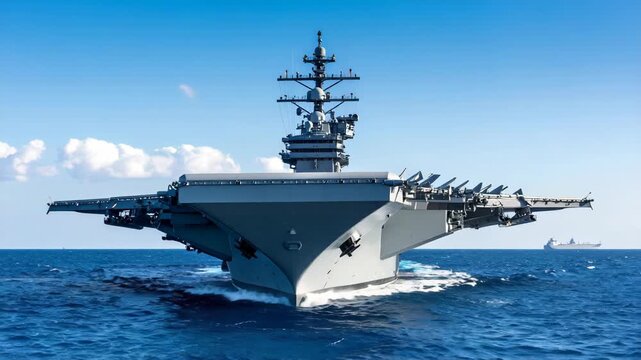 Aircraft carrier underway on the open ocean on clear day. Bow view of large vessel sailing through blue waters.