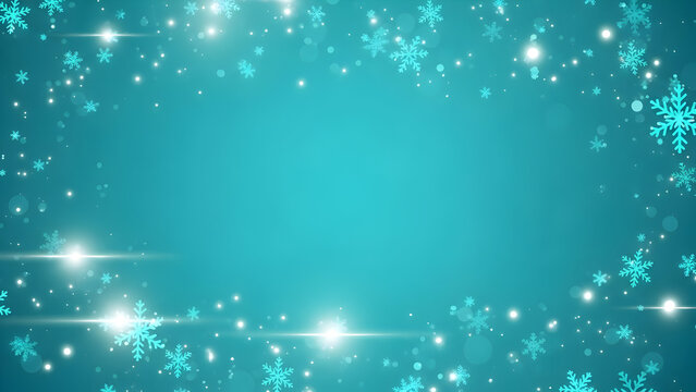 A festive winter background with a frame of sparkling snowflakes and glowing lights on a teal backdrop.