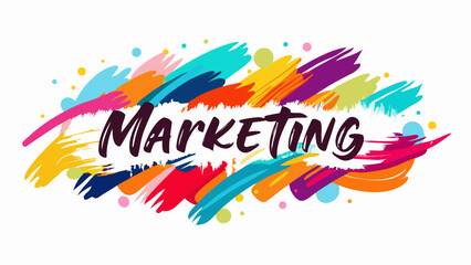 Colorful abstract brush strokes and dots surround the word marketing in a creative design