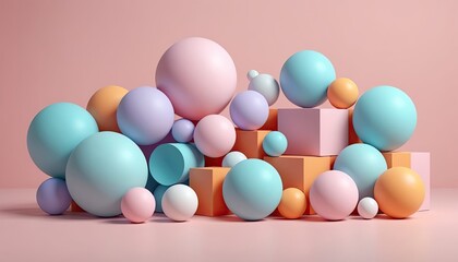Clean minimalist 3D composition with spheres, cubes, and cylinders on a soft gradient background