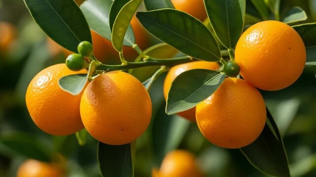 Lush orange orchard swaying in gentle breeze  closeup citrus growth