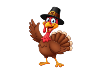 joyful anthropomorphic cartoon turkey mascot in a pilgrim hat, waving enthusiastically, isolated on transparent background with copy space. concept for thanksgiving holiday mascot design