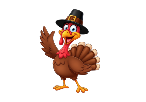 joyful anthropomorphic cartoon turkey mascot in a pilgrim hat, waving enthusiastically, isolated on transparent background with copy space. concept for thanksgiving holiday mascot design - Powered by Adobe