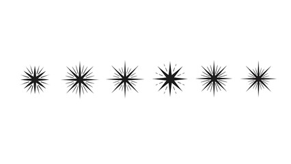 Six distinct black starburst sparkle icons vector set, celestial decorative graphic design elements on transparent background for banners and decor.