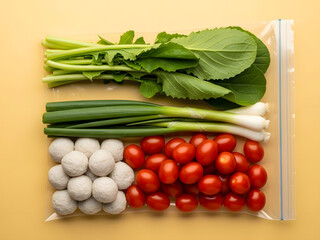 Fresh vegetable and meatball ingredients organized in a clear plastic bag