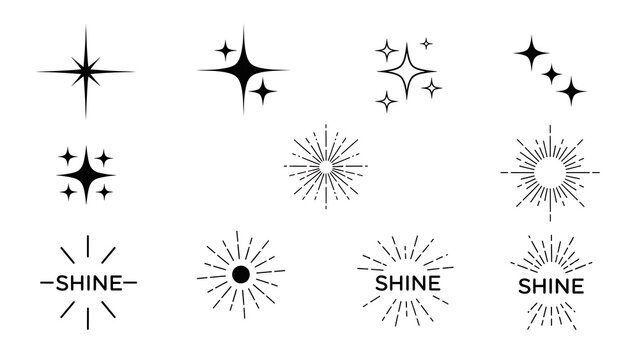 Shine sparkle effect icons set. collection of various radiant starbursts, gleam, glitter, and bright light symbols for design elements.