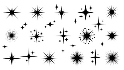 Diverse set of shining starbursts, twinkles, and sparkle graphic elements perfect for festive designs, celebrations, and glowing effects