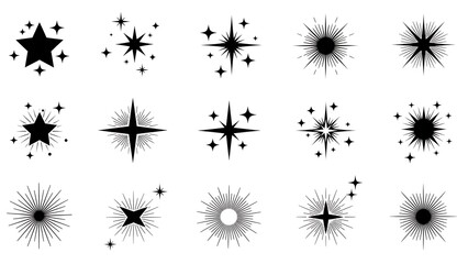 Diverse vector set of shining star and sparkle graphic elements, perfect for design, celebration, magic, and achievement visuals, isolated on white.