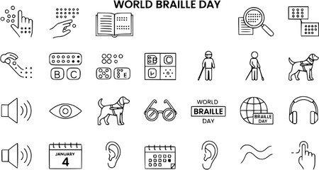 World Braille Day line art icons set. Includes symbols for touching braille, guide dogs, blind people with canes, education, senses, and related concepts for accessibility.