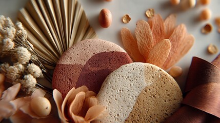 Minimalist New Year background in flat lay top view, boho-inspired soft warm palette, abstract confetti, ribbon shapes, natural materials, aesthetically balanced scene