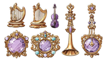 Ornate Mini Musical Instruments with Jewels in Fantasy Illustration Style