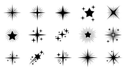 Collection of diverse black sparkle icons, starbursts, and shining stars, depicting light effects, glitter, and magical elements.