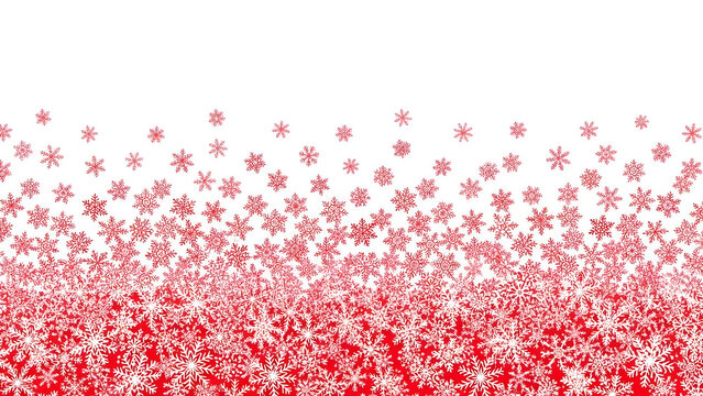 A festive winter background with a flurry of red snowflakes falling against a white backdrop.