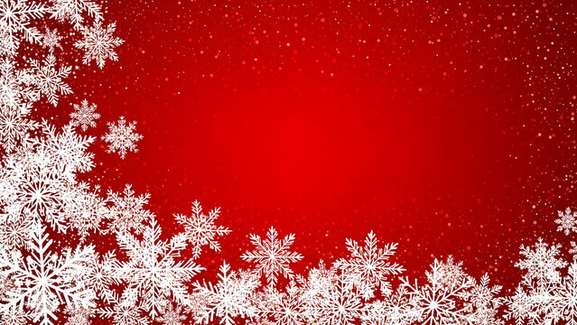 A festive red Christmas background with an intricate border of white snowflakes and falling snow. - Powered by Adobe