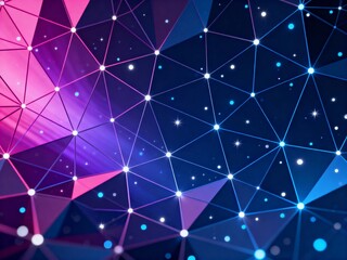 Abstract geometric network with glowing nodes and vibrant triangular patterns in purple and blue hues