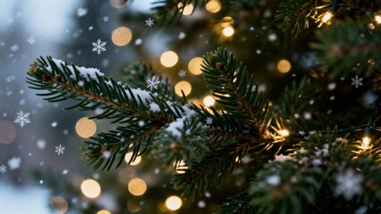 Snow-covered pine branches with warm bokeh lights and falling snowflakes