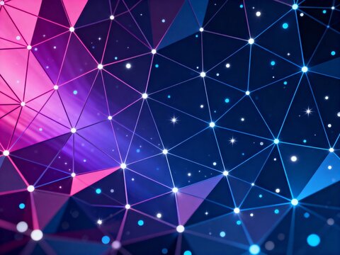Abstract geometric network with glowing nodes and vibrant triangular patterns in purple and blue hues