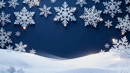 Snowflakes glowing against a dark blue sky above a snowy landscape