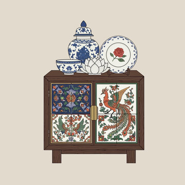 Artistic depiction of a cabinet decorated with Asian-inspired ceramics and designs
